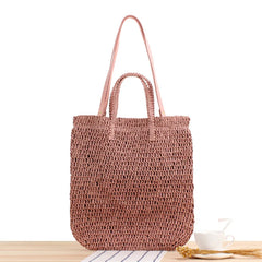 Mori Style Beach Straw Bag Solid Hollow Shoulder Dual-Use Woven