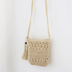 Straw Crossbody Bag Hollow Floral Tassel Messenger B