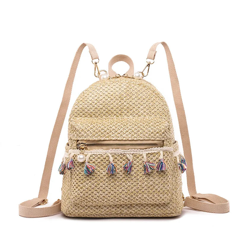 Straw Women Backpack Female Travel Bag Backpacks Schoolbag Tassel Mochila Beach