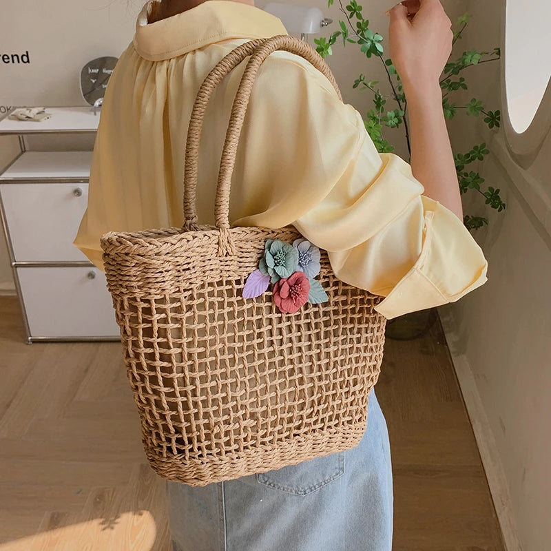 Straw Woven Hollow Out Shoulder Bag For Women Large Capacity Bohemian Beach
