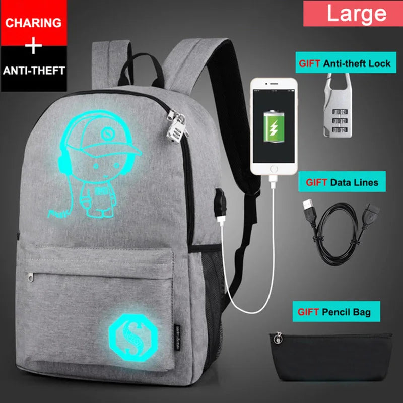 Anime Luminous School Bag with USB Charging Port and Lock