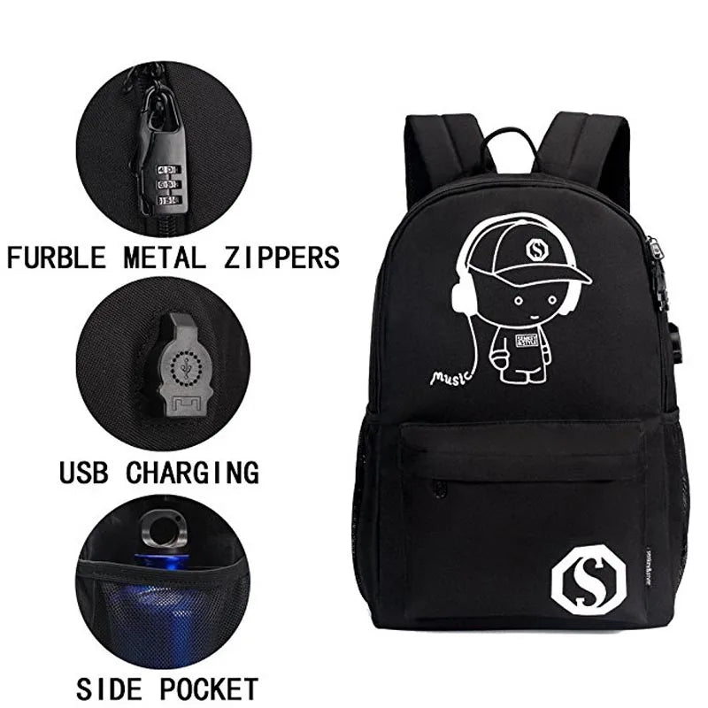 Anime Luminous School Bag with USB Charging Port and Lock