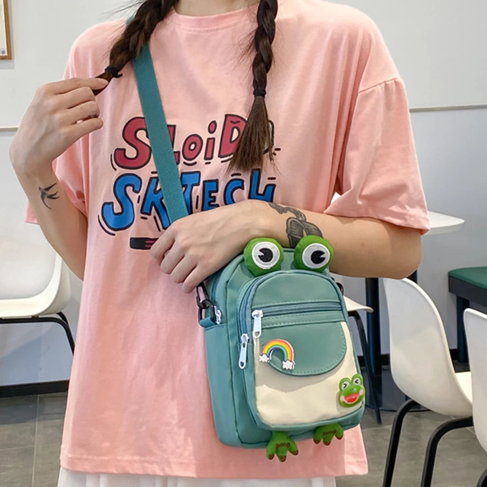 Cartoon Frog Messenger Bag Casual Shoulder Crossbody Canvas Small Tote Purse Bag