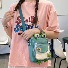 Cartoon Frog Messenger Bag Casual Shoulder Crossbody Canvas Small Tote Purse Bag