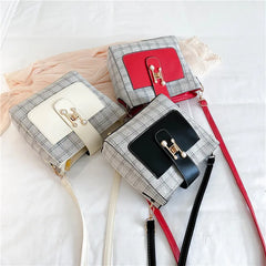 Checkered One-Shoulder Diagonal Bucket Bag
