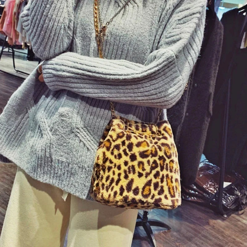 Leopard Print Mini Chain Bucket Bag Plush Messenger Bag