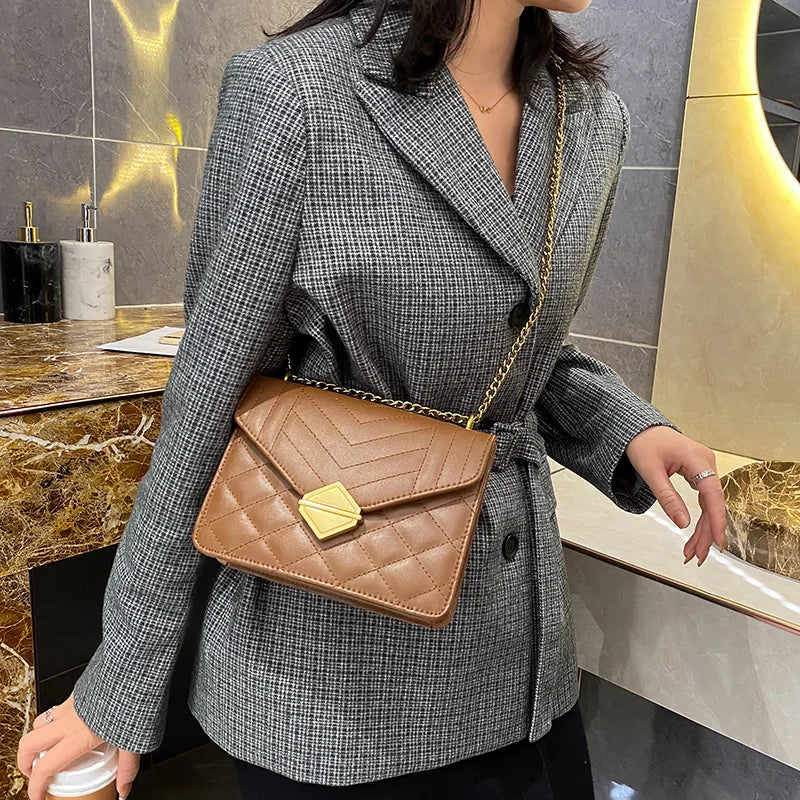 Striped Women Bag PU Leather Crossbody Bag Metal Tower Buckle