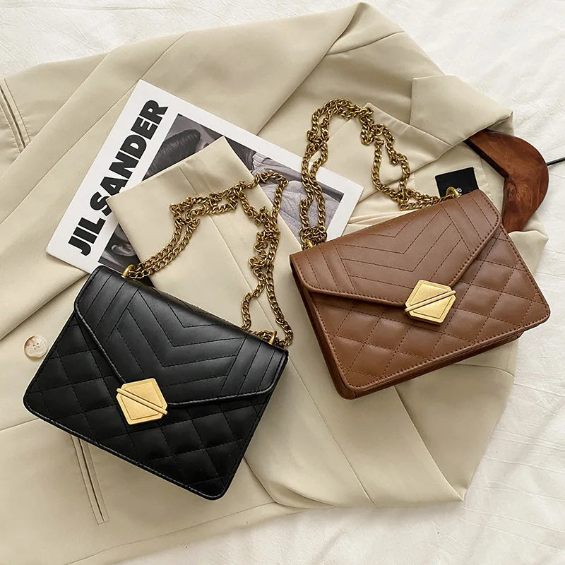 Striped Women Bag PU Leather Crossbody Bag Metal Tower Buckle