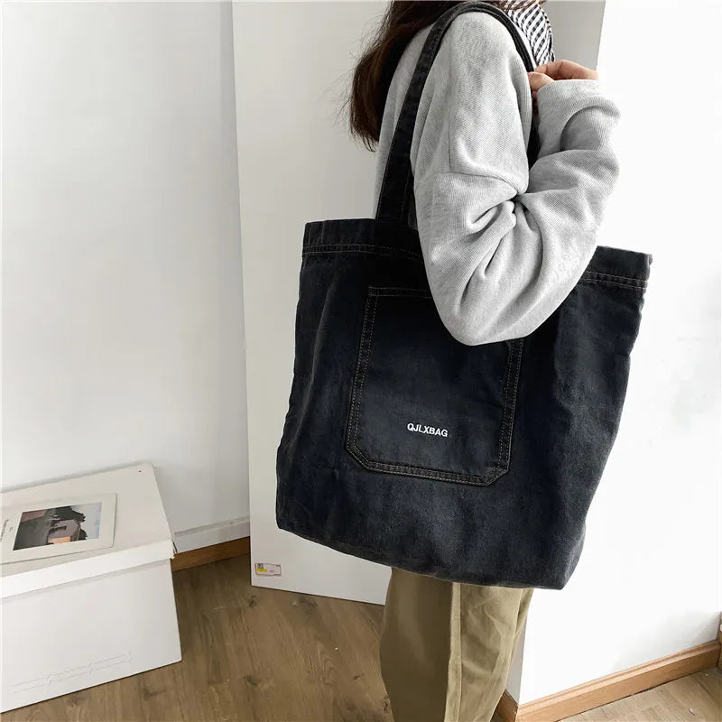 Women Denim Shoulder Tote Bag Canvas Handbag Casual Jeans Shopping Bag