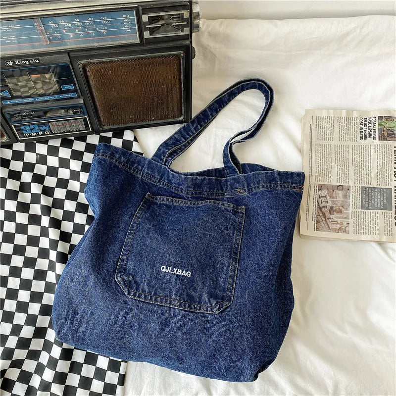 Women Denim Shoulder Tote Bag Canvas Handbag Casual Jeans Shopping Bag