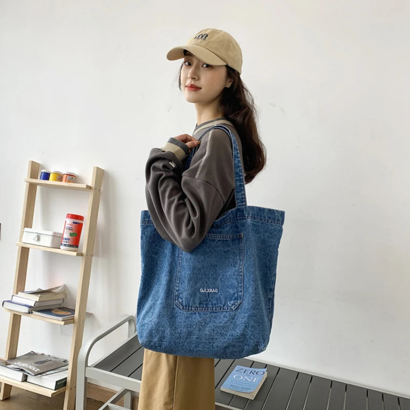 Women Denim Shoulder Tote Bag Canvas Handbag Casual Jeans Shopping Bag