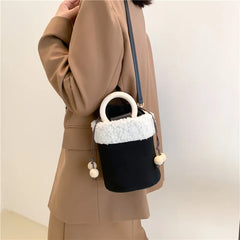 Suede Lambswool Shoulder Bag Wooden Handle Crossbody Bucket Sac