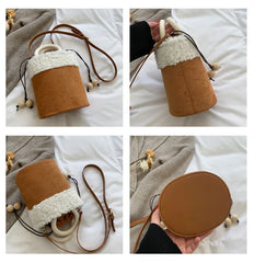 Suede Lambswool Shoulder Bag Wooden Handle Crossbody Bucket Sac