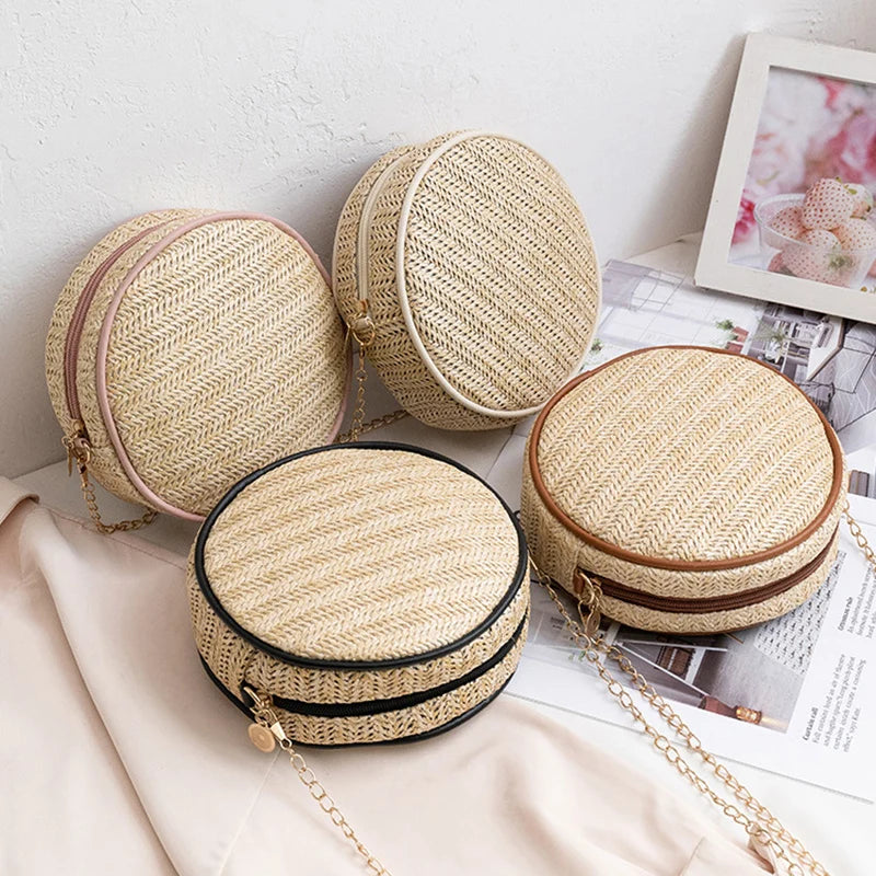 Summer Beach Small Shoulder Bags For Women Straw Round Shape Crossbody Bag