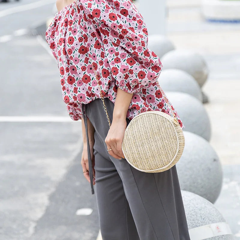 Summer Beach Small Shoulder Bags For Women Straw Round Shape Crossbody Bag