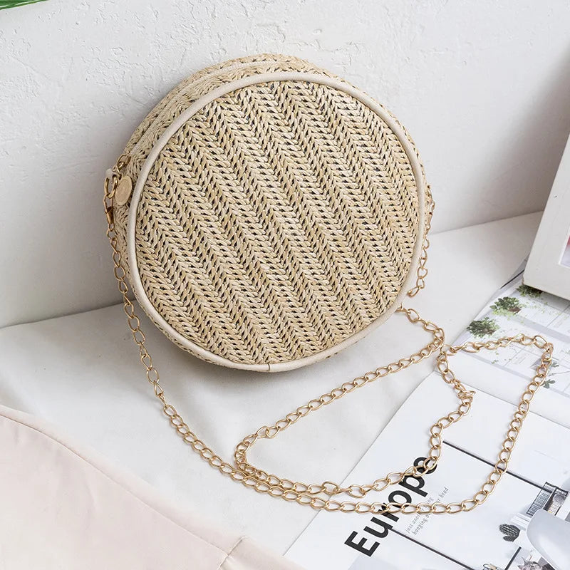Summer Beach Small Shoulder Bags For Women Straw Round Shape Crossbody Bag
