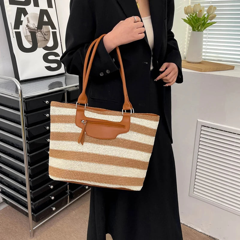 Summer Striped Shoulder Bag Big Beach Casual Straw Bag Ladies Tote