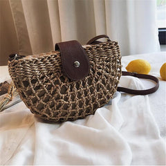 Summer Rattan Bags Women Saddle Straw Shoulder Bag Crossbody Bag Half Moon