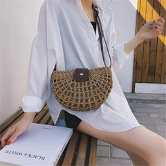 Summer Rattan Bags Women Saddle Straw Shoulder Bag Crossbody Bag Half Moon