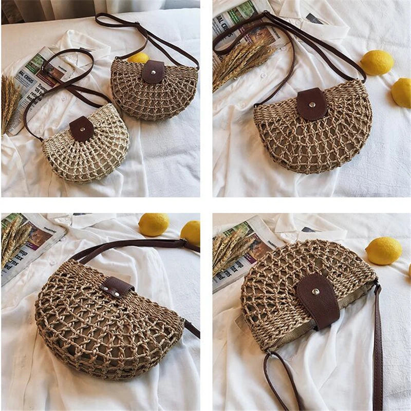 Summer Rattan Bags Women Saddle Straw Shoulder Bag Crossbody Bag Half Moon