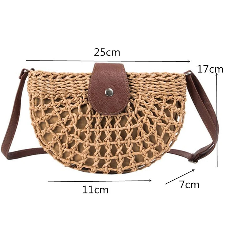 Summer Rattan Bags Women Saddle Straw Shoulder Bag Crossbody Bag Half Moon