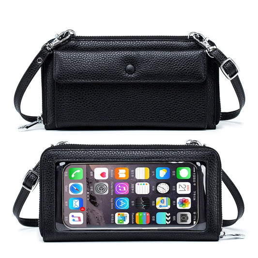 Touch Screen Leather Mobile Phone Bag Transparent Multi-function Messenger
