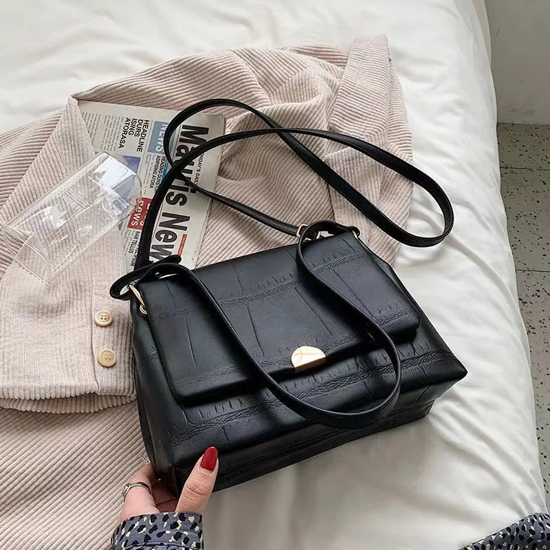 Soft Polyester PU Shoulder Bag Handbag Solid Buckle Tote Bag