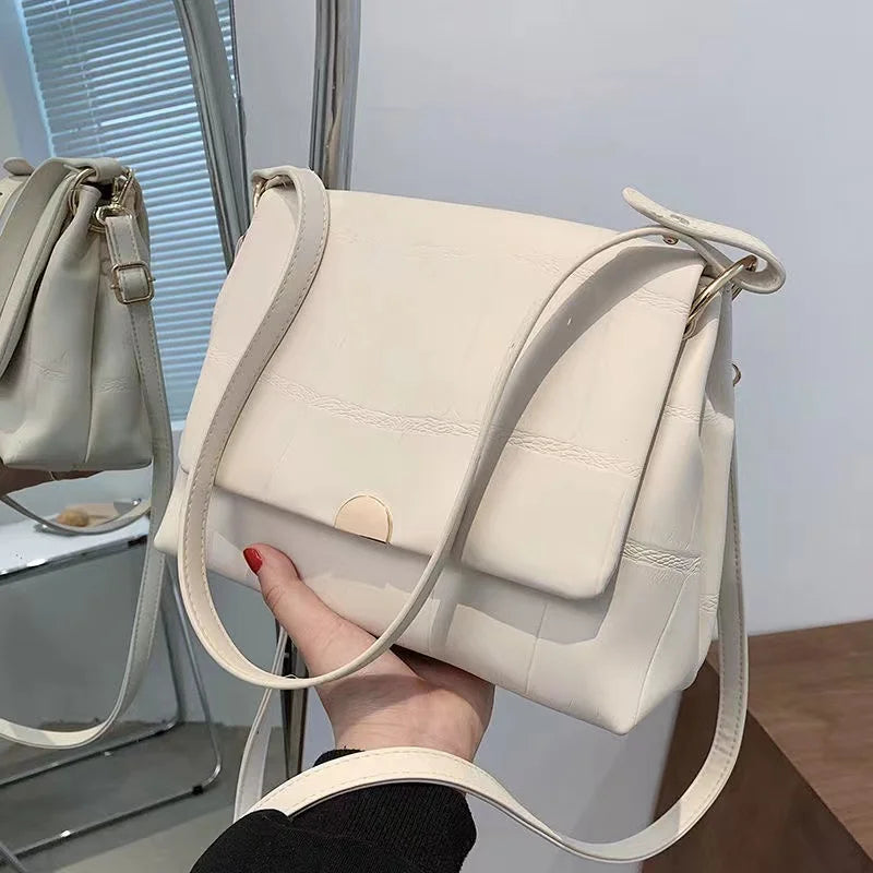 Soft Polyester PU Shoulder Bag Handbag Solid Buckle Tote Bag