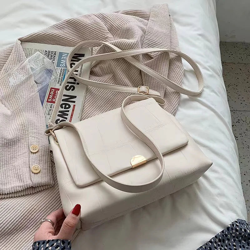 Soft Polyester PU Shoulder Bag Handbag Solid Buckle Tote Bag