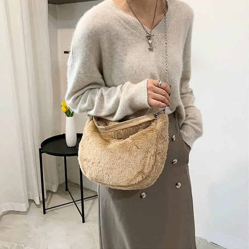 Plush Women Underarm Shoulder Bag Casual Travel Tote Shopping Pouch