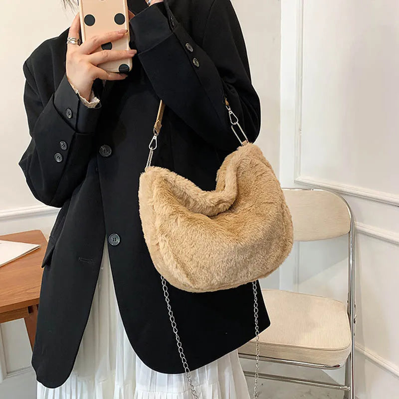 Plush Women Underarm Shoulder Bag Casual Travel Tote Shopping Pouch