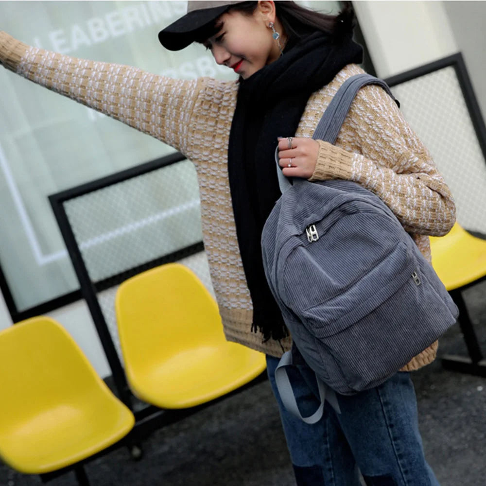 Corduroy Backpack College School Bagpack Travel Shoulder Bags