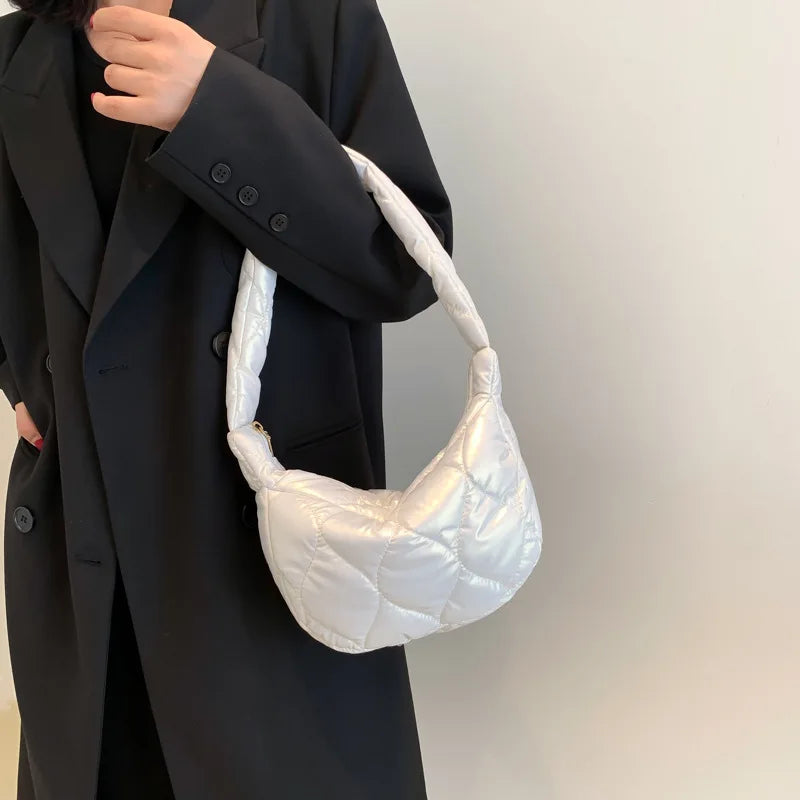 Pink Puffy Quilted Shoulder Bag for Women Winter