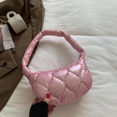 Pink Puffy Quilted Shoulder Bag for Women Winter