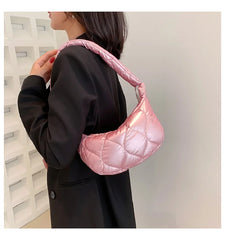 Pink Puffy Quilted Shoulder Bag for Women Winter