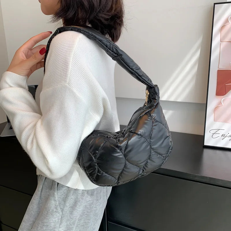 Pink Puffy Quilted Shoulder Bag for Women Winter