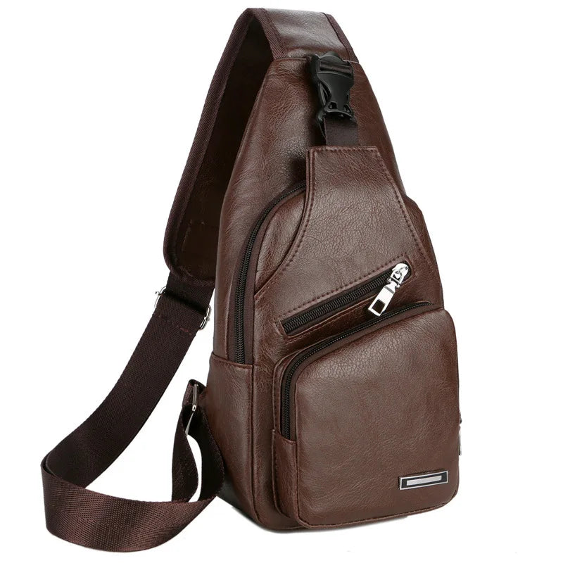 Men Teen Leather Chest Pack USB Charging Sling Bag