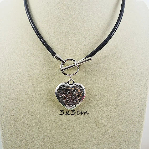 Big Silver Heart Leather Necklace Charming Girl Gift