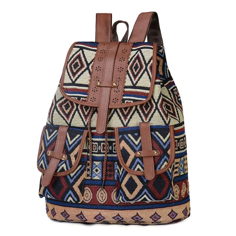Vintage Bohemian Print Canvas Backpack for Women School Travel Rucksack