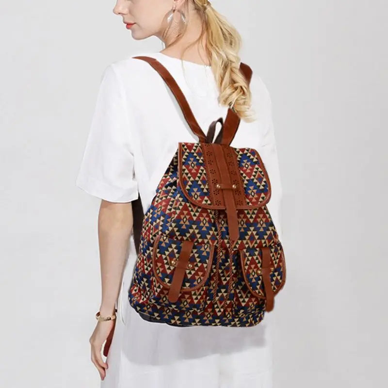 Vintage Bohemian Print Canvas Backpack for Women School Travel Rucksack