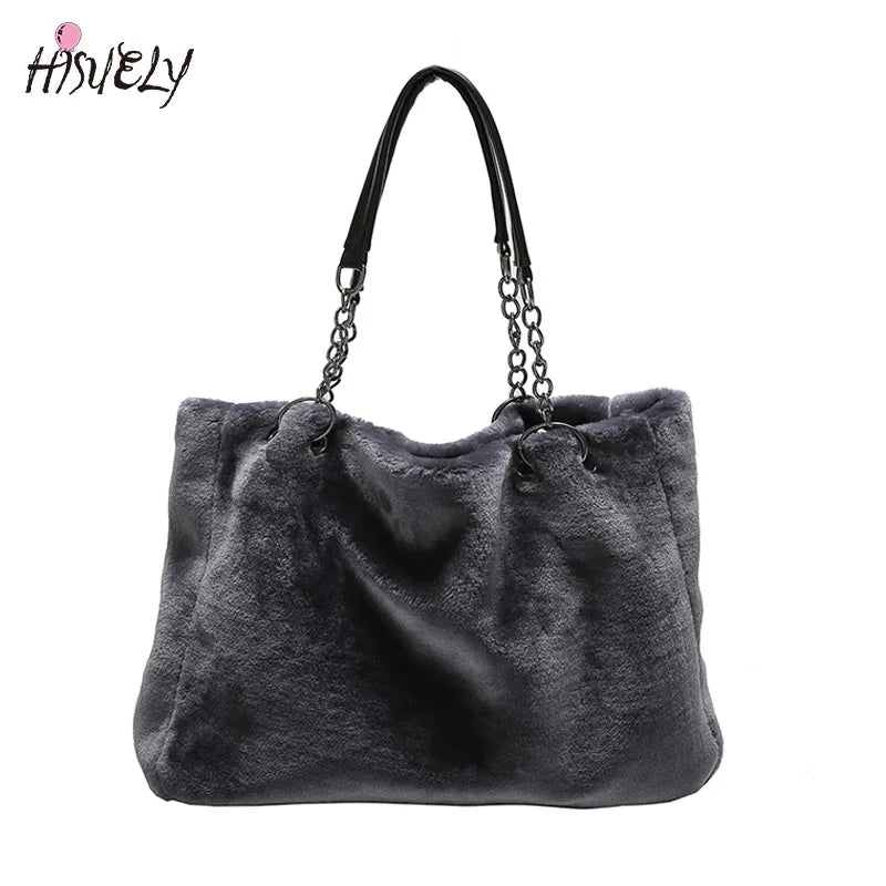 Vintage Plush Shoulder Bag Causal Women Totes Big Capacity Fur Lady Bag
