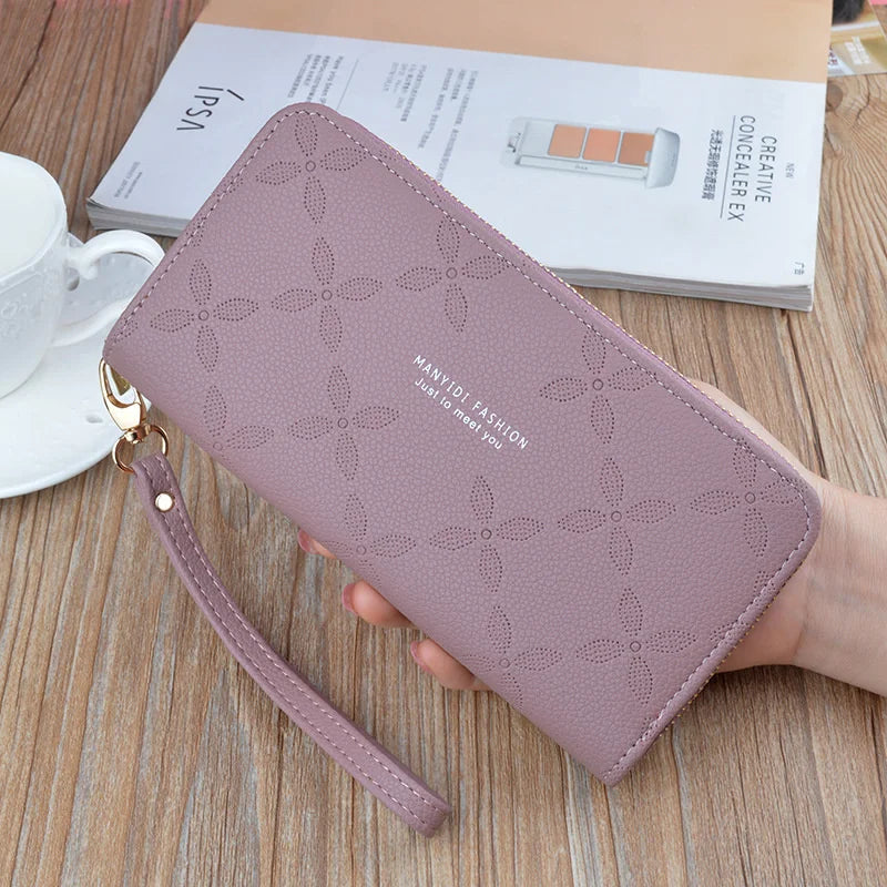 Women's Long Zipper Handbag Embossed Soft Leather Large Capacity Wallet