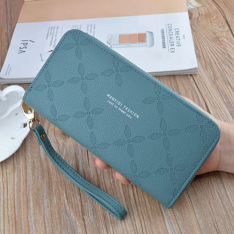 Women's Long Zipper Handbag Embossed Soft Leather Large Capacity Wallet