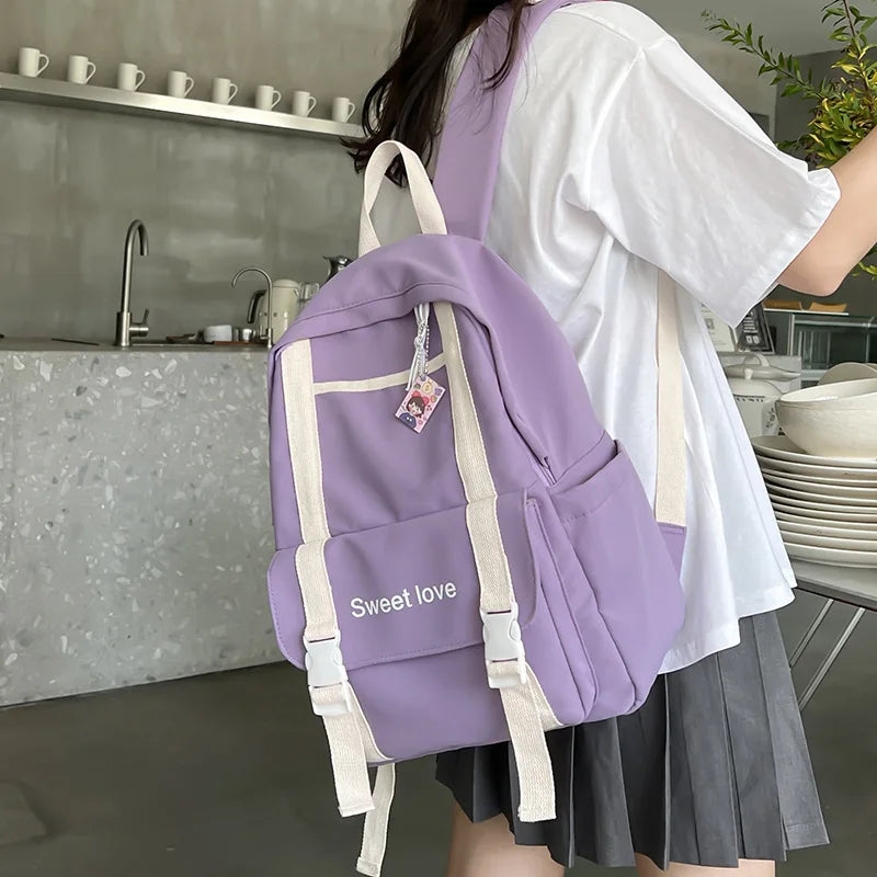 Waterproof Nylon Women Backpack Travel Bag for Teen Girls Solid Bookbag