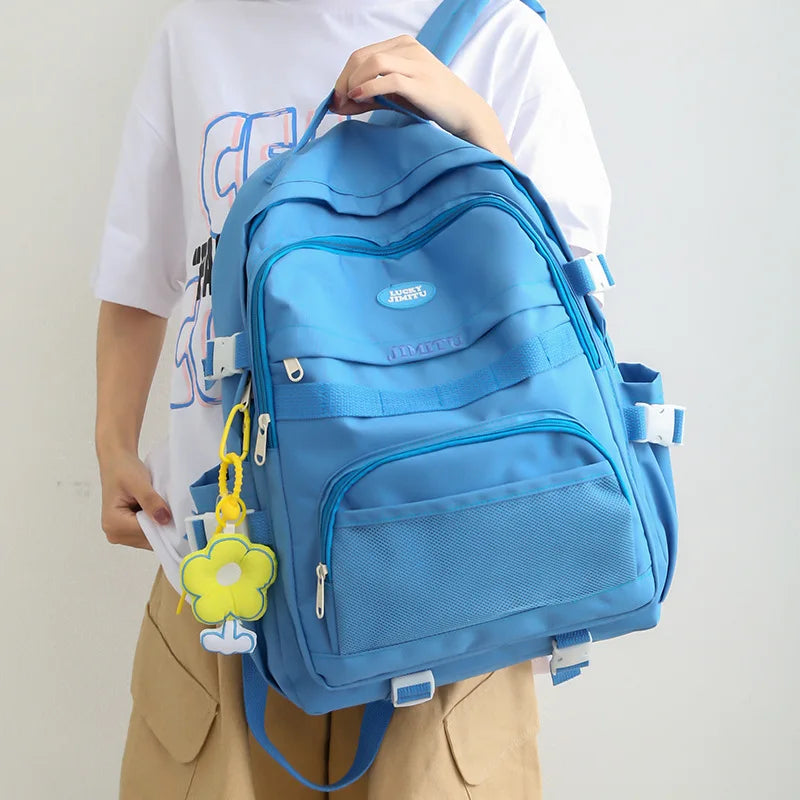 Waterproof Nylon Women's Backpack Schoolbag for Teenage Girls Solid Bookbag