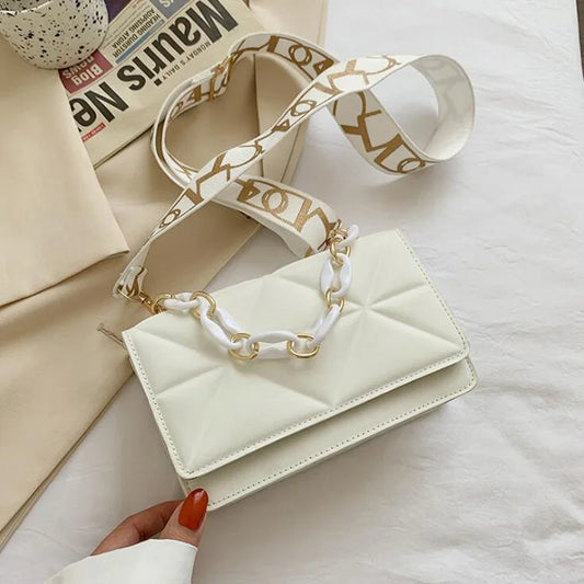 Wide Strap Shoulder Bag Solid Square Crossbody Bags For Women Handbags Chain