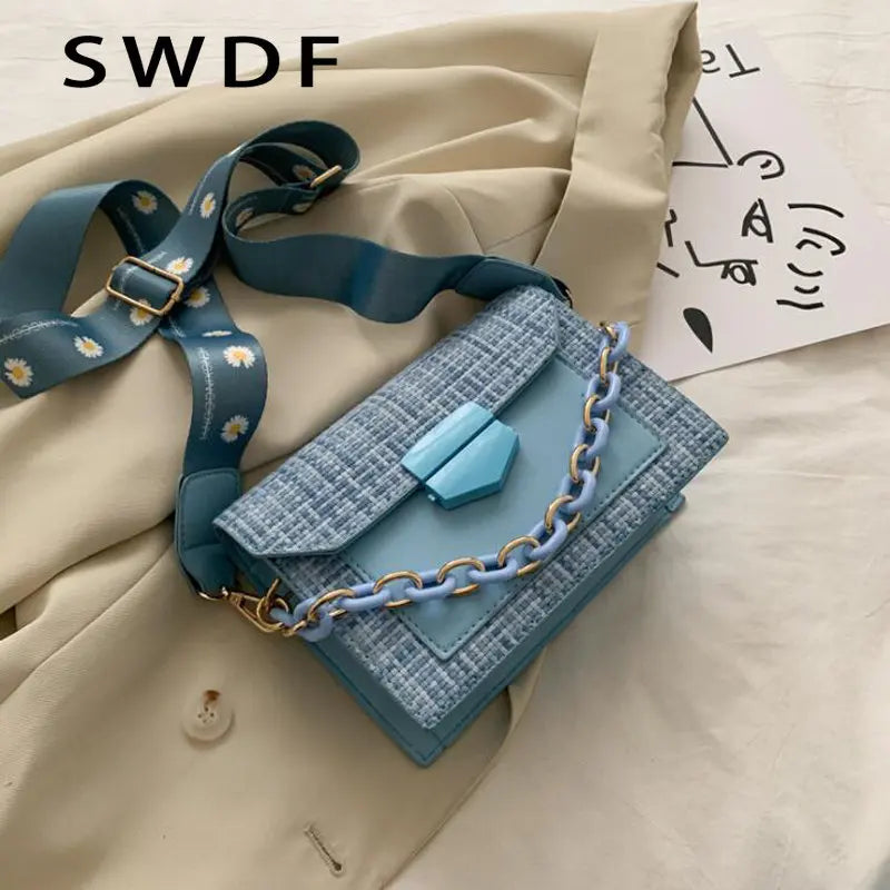 Chain Messenger Crossbody Bags Wide Strap Shoulder Bags