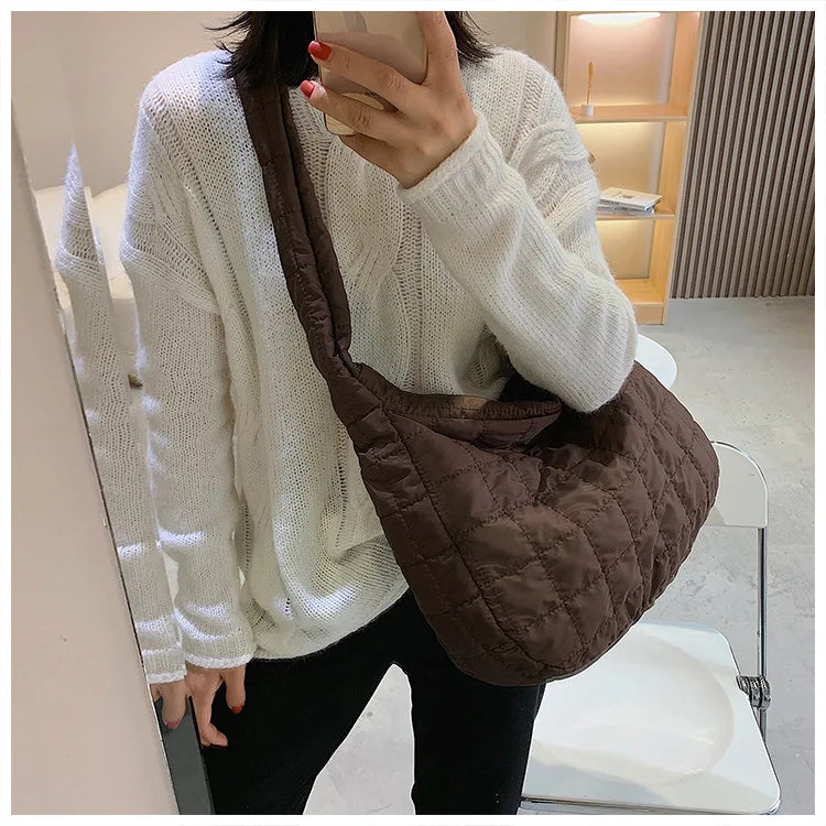 Winter Big Shoulder Bags Space Cotton Handbags Women Casual Tote Down Plaid Latt