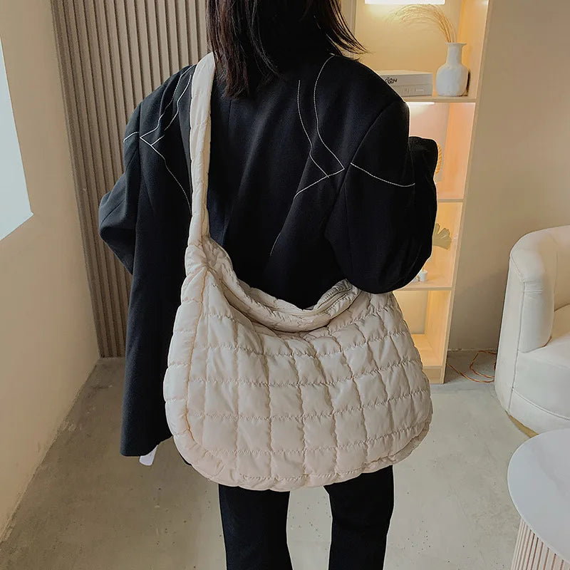 Winter Big Shoulder Bags Space Cotton Handbags Women Casual Tote Down Plaid Latt