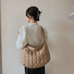 Winter Big Shoulder Bags Space Cotton Handbags Women Casual Tote Down Plaid Latt
